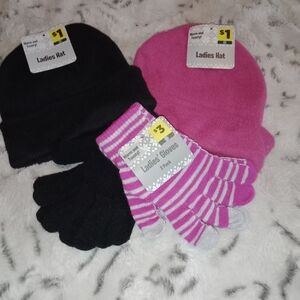 Pink and Black Ladies Winter Hat and Gloves Set